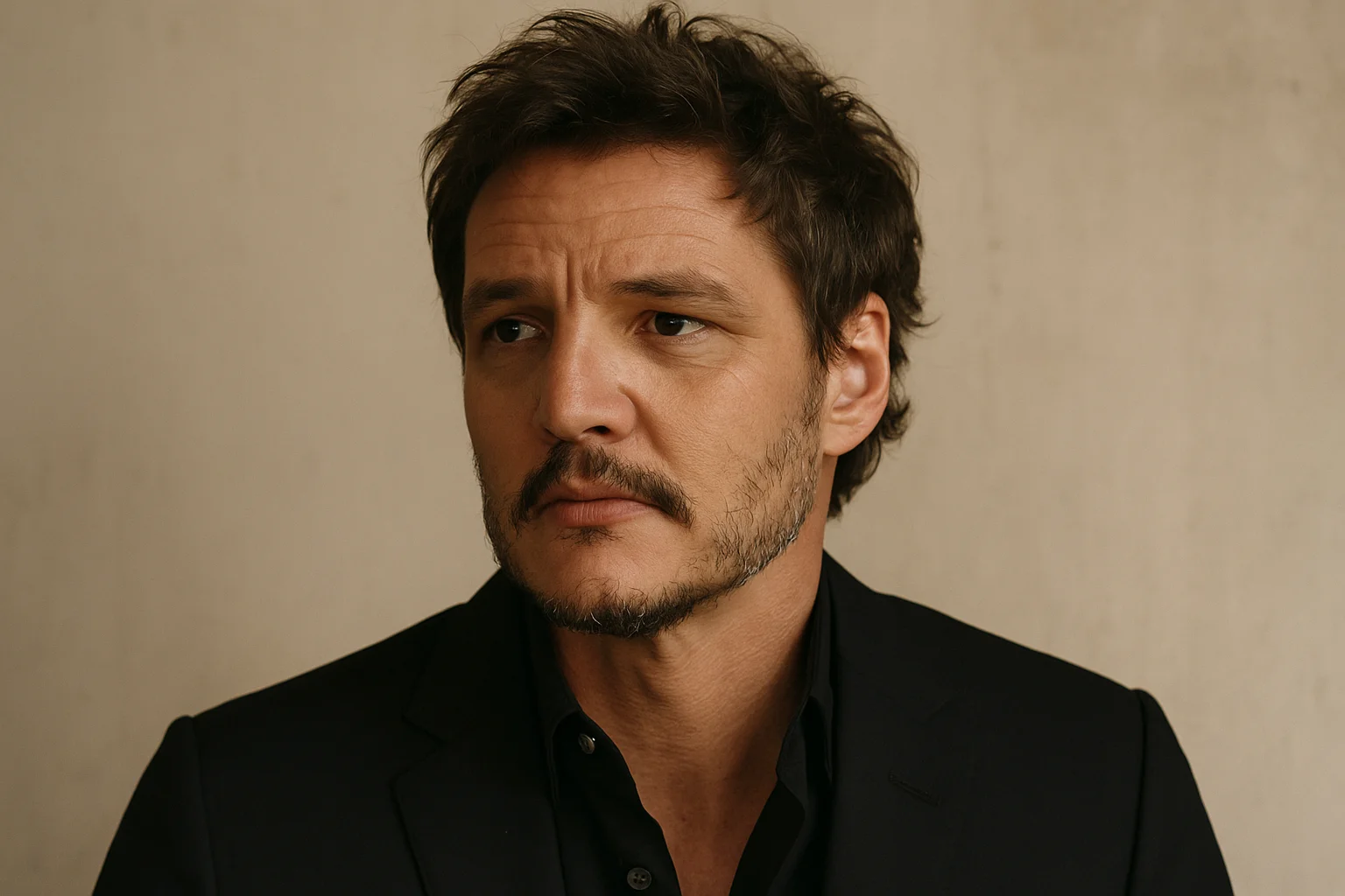 A portrait of a man with short dark hair and stubble, wearing a black suit, gazing thoughtfully to the side.