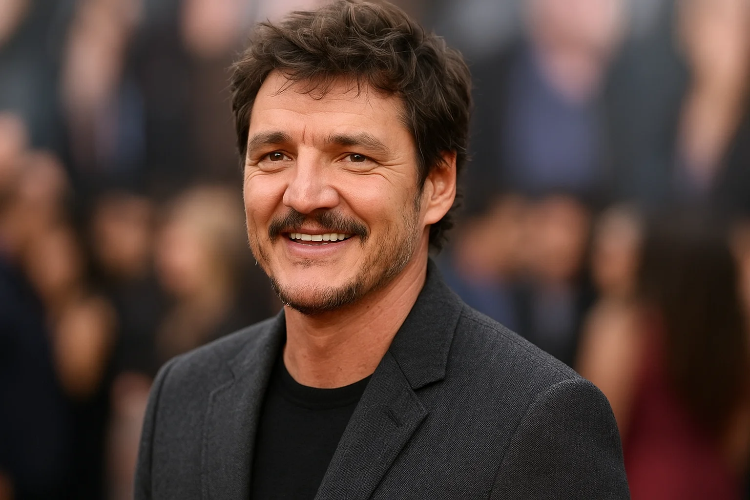 A smiling man with wavy hair and a short beard wearing a dark suit, standing in front of a blurred crowd at an event.
