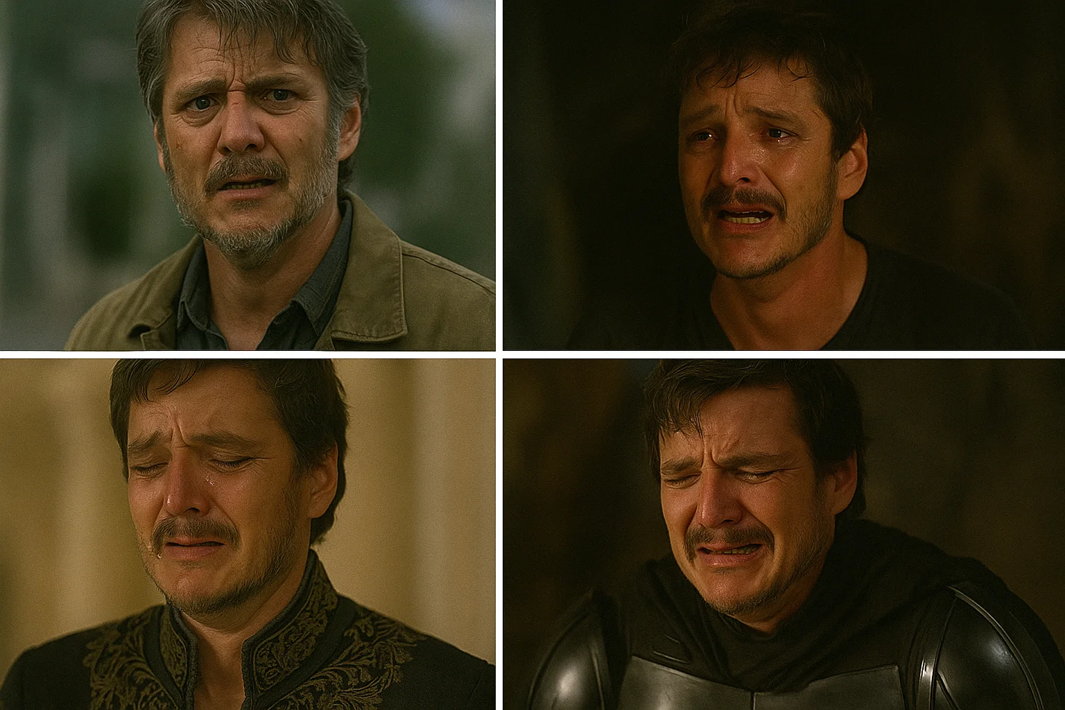 A collage of a man displaying deep emotional expressions across four dramatic scenes, highlighting his intensity and vulnerability as an actor.