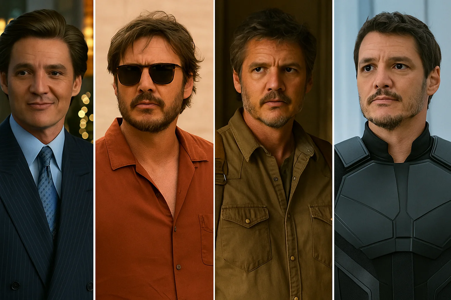 A collage showing a man in four distinct movie and TV roles, highlighting his evolution from polished professional to heroic action figure.