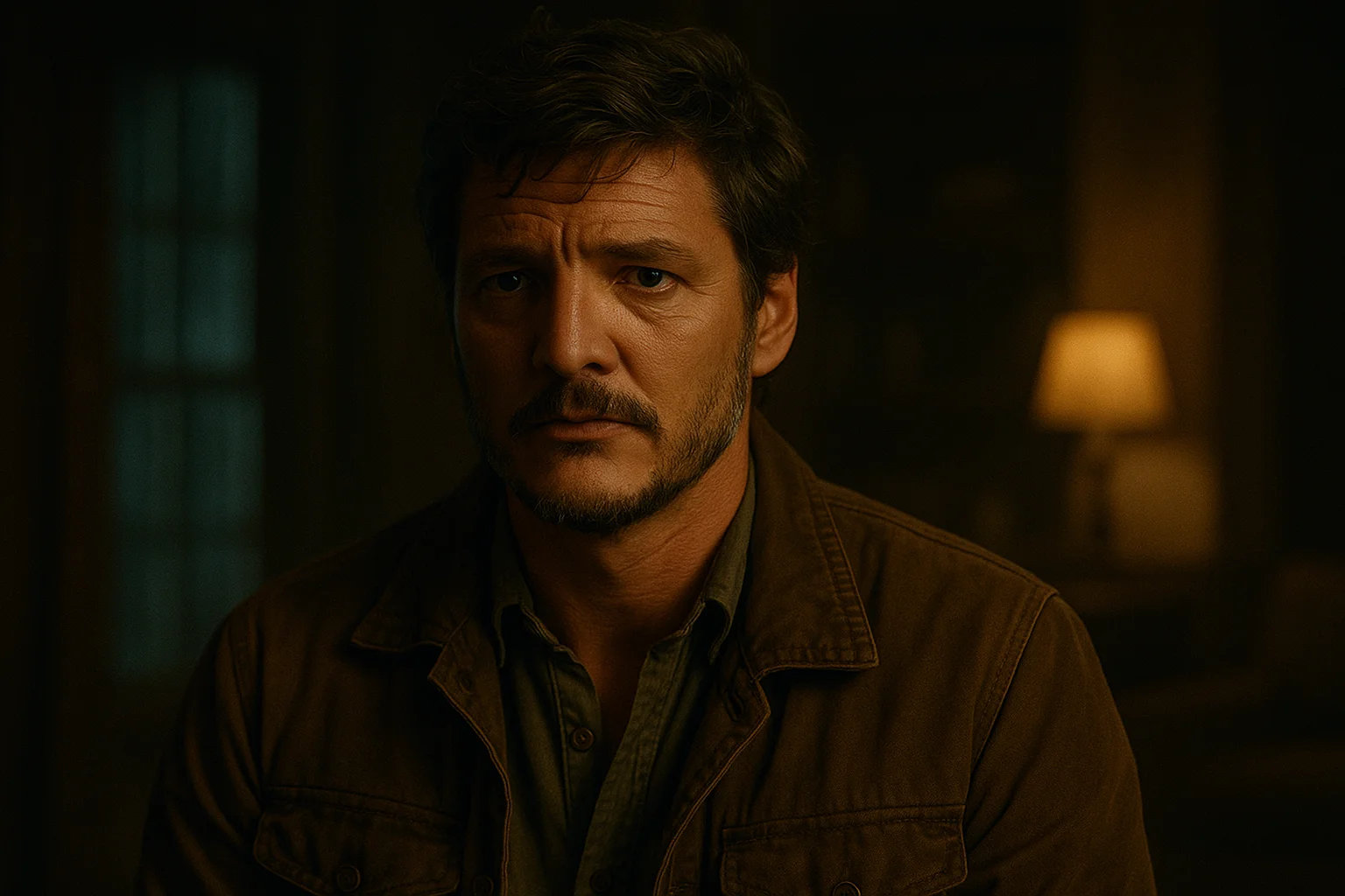 A man with a serious expression wearing a brown jacket, sitting in a dimly lit room with a warm light in the background.