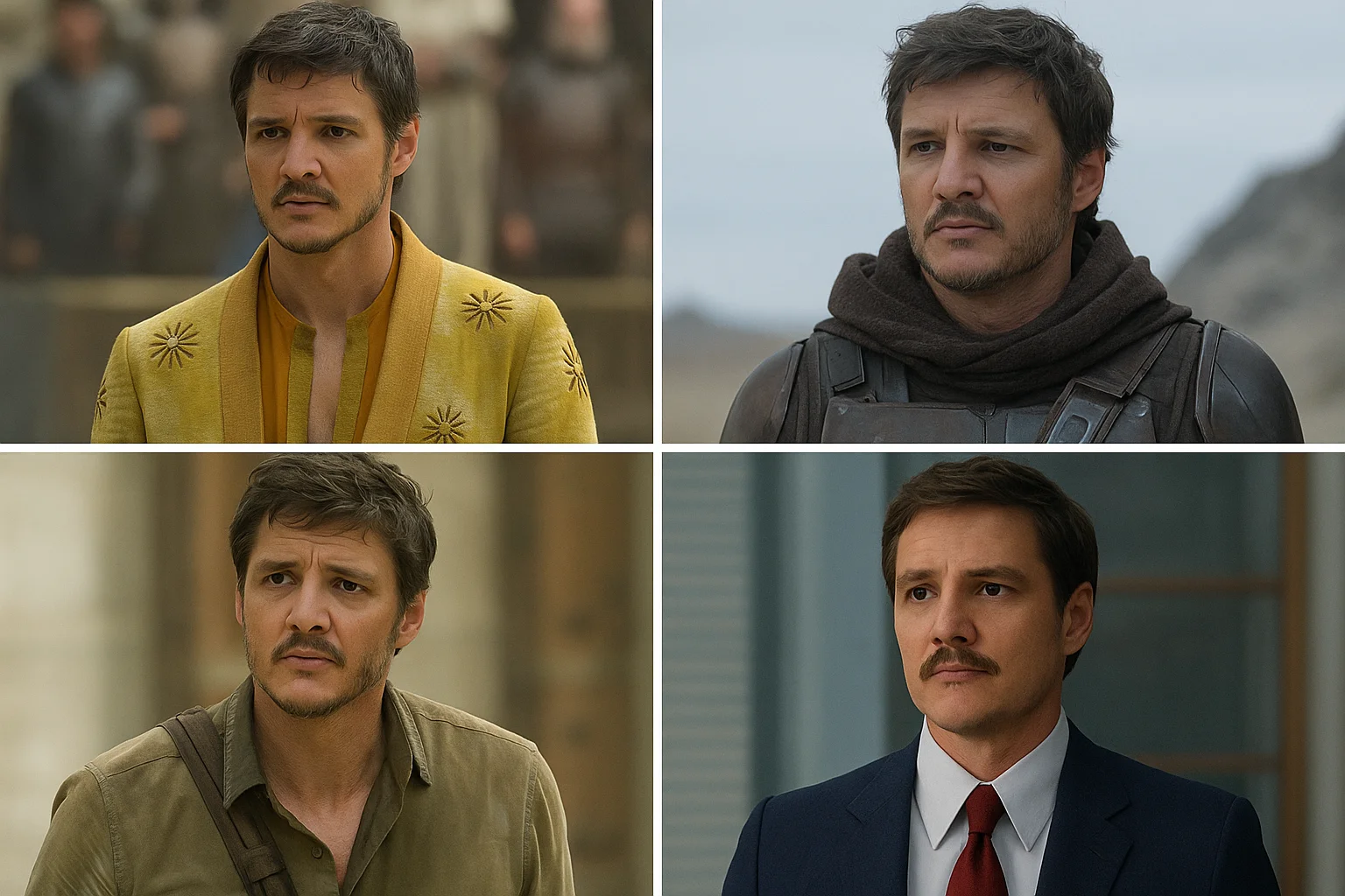 A collage showing a man in four different film and TV roles, portraying both heroic and dramatic characters in varied settings.