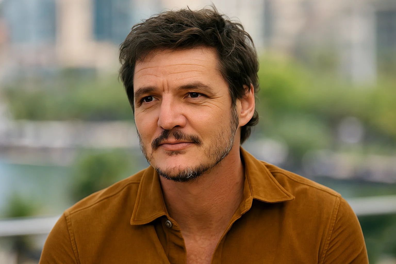 A portrait of a man with short wavy hair and light stubble, wearing a brown shirt outdoors with a soft blurred background.