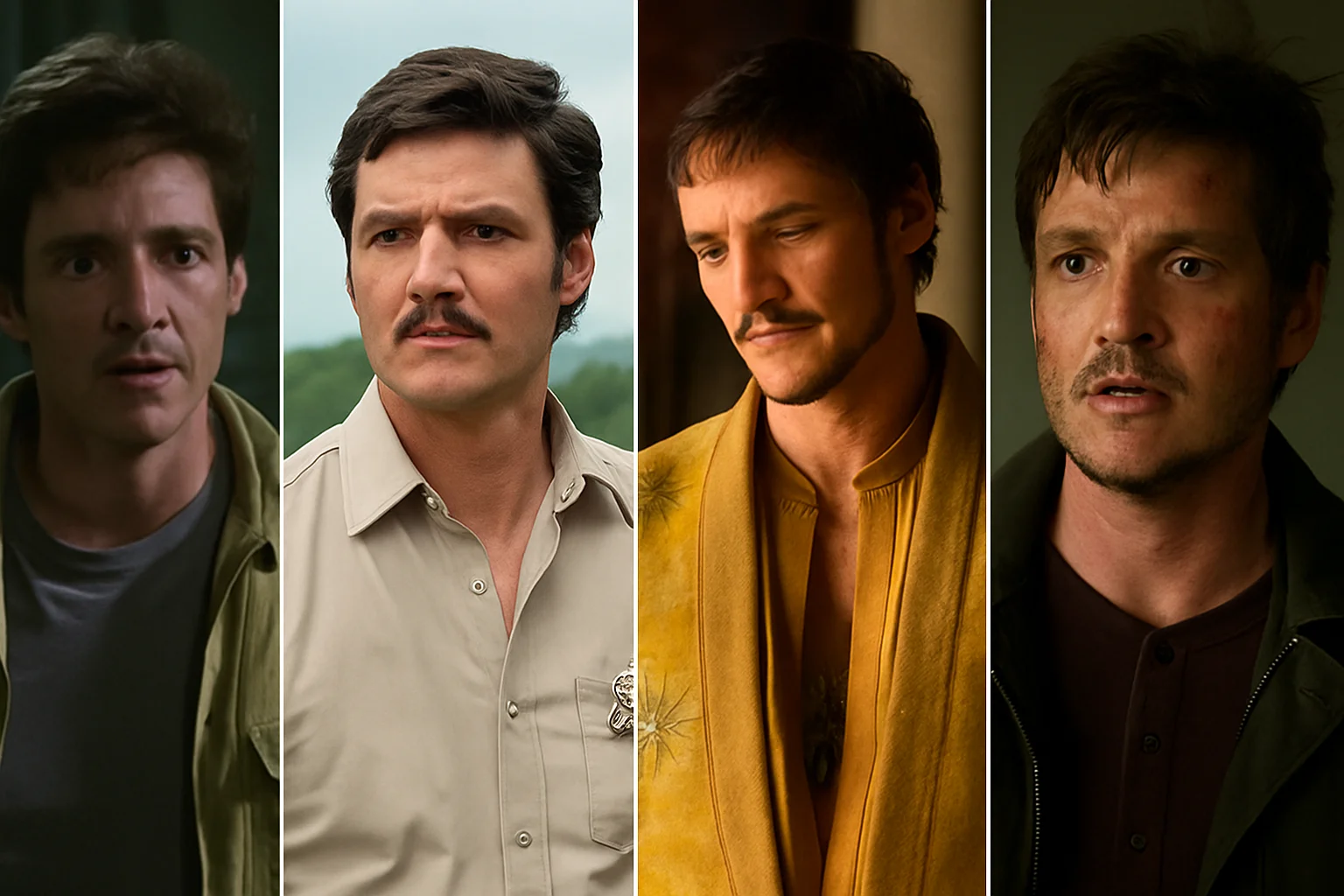 A collage showing a man in four different roles from television and film, highlighting his transformation through various characters.