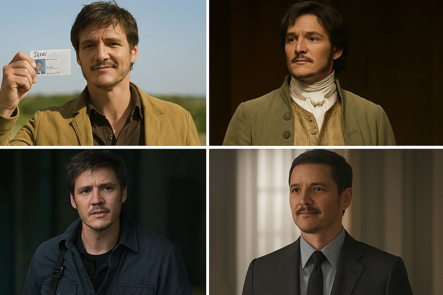 A collage showing a man in four distinct roles from different movies and series, highlighting his evolution as an actor over time.