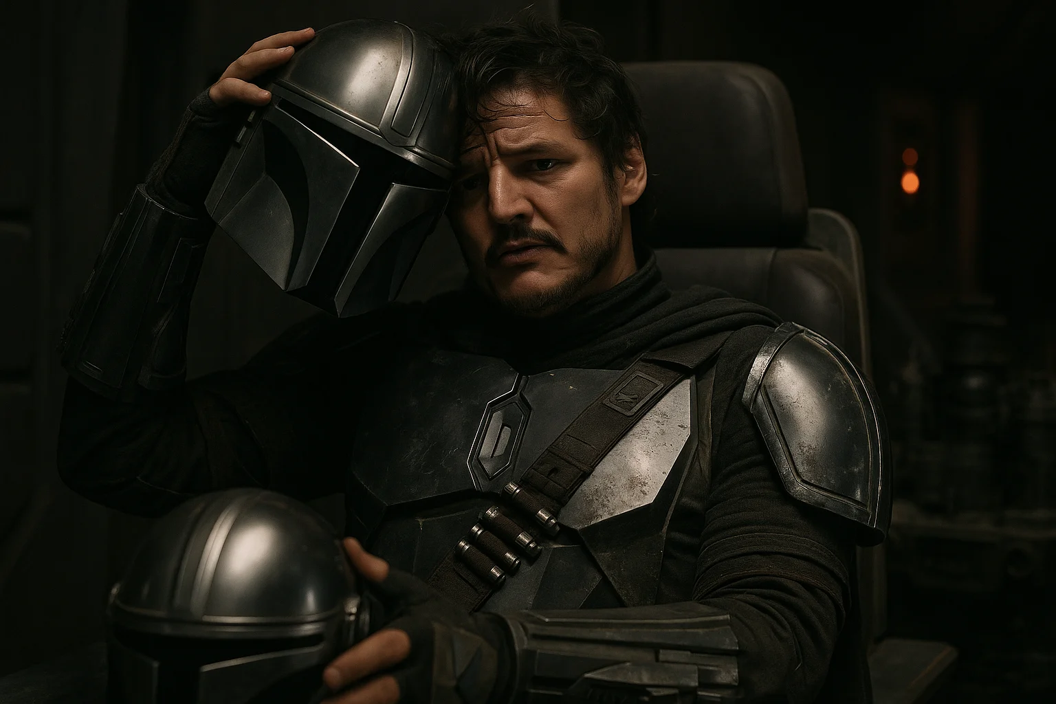 A man in futuristic armor sitting in a dimly lit spaceship, holding a silver helmet beside his face with a thoughtful expression.