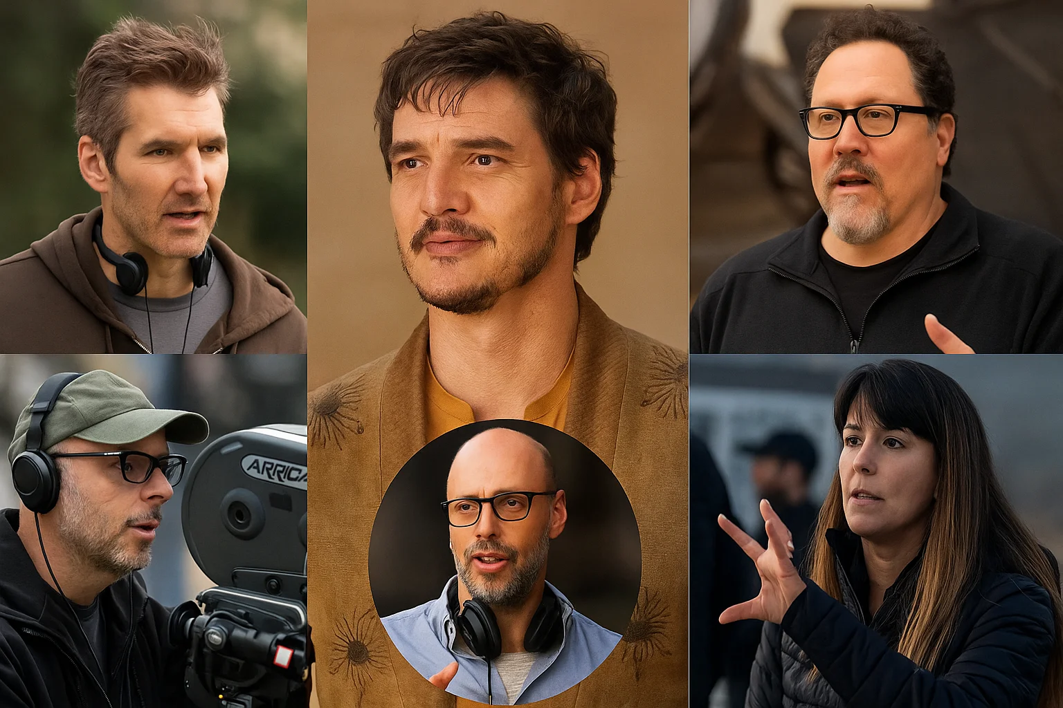 A collage featuring a man in the center surrounded by several film directors, each shown on set or in discussion, symbolizing creative collaboration in cinema.