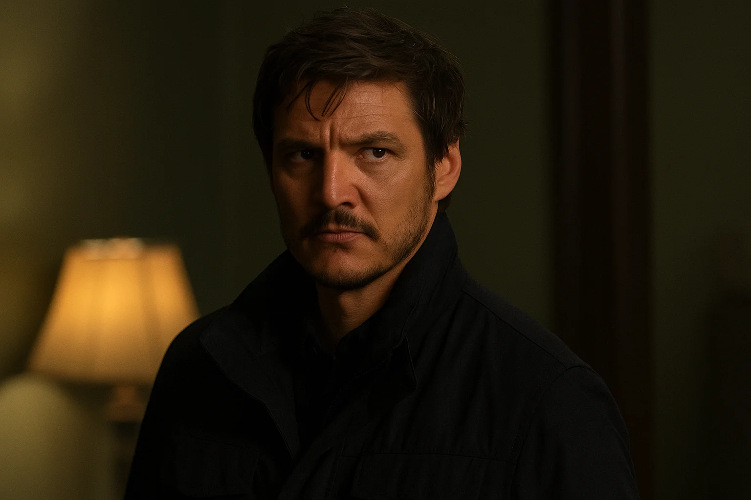 A man with a serious expression wearing a dark jacket, standing in a dimly lit room with a lamp glowing softly in the background.