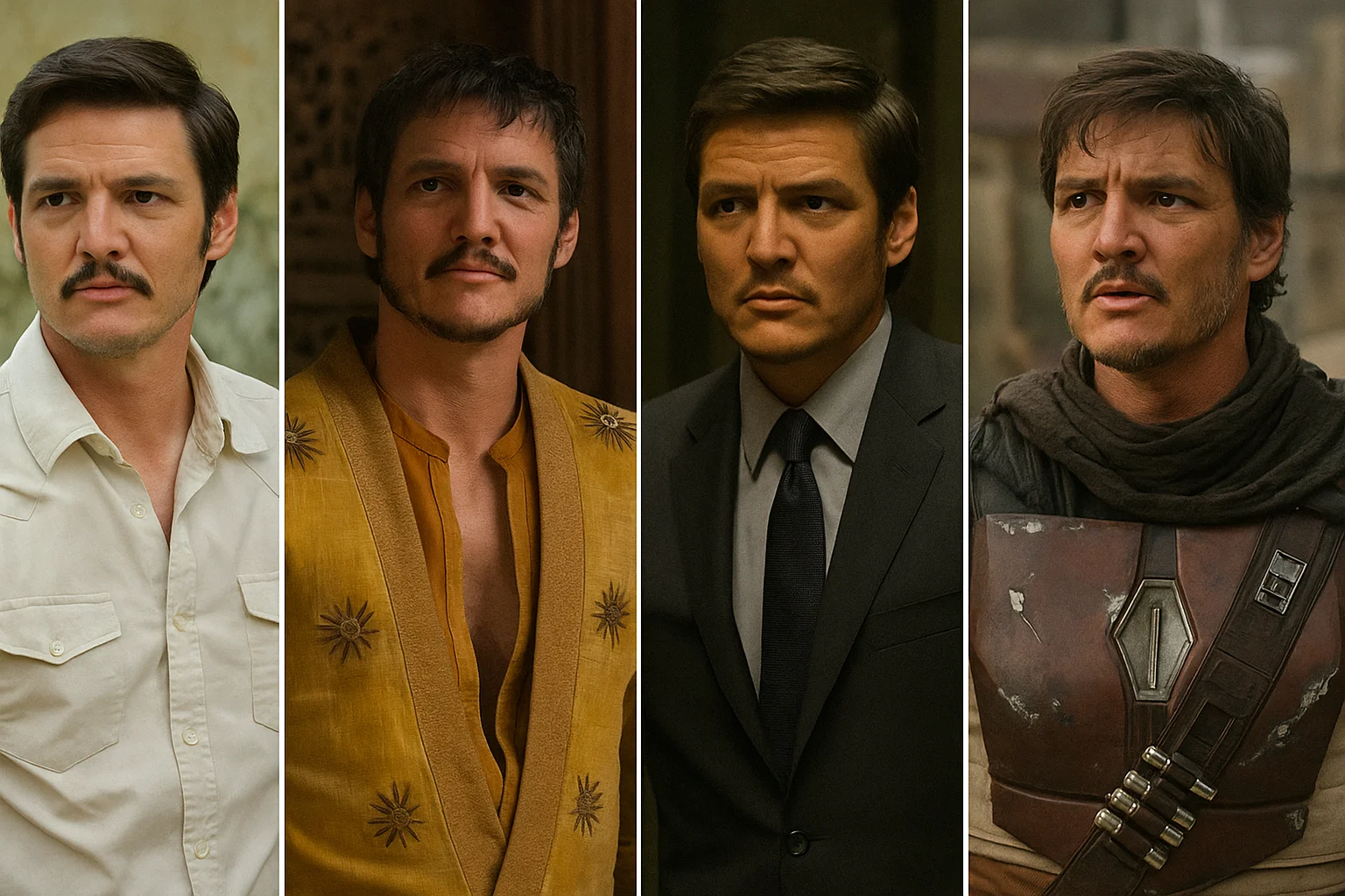 A collage of a man in four different iconic roles from various films and TV shows, showcasing his diverse acting range.