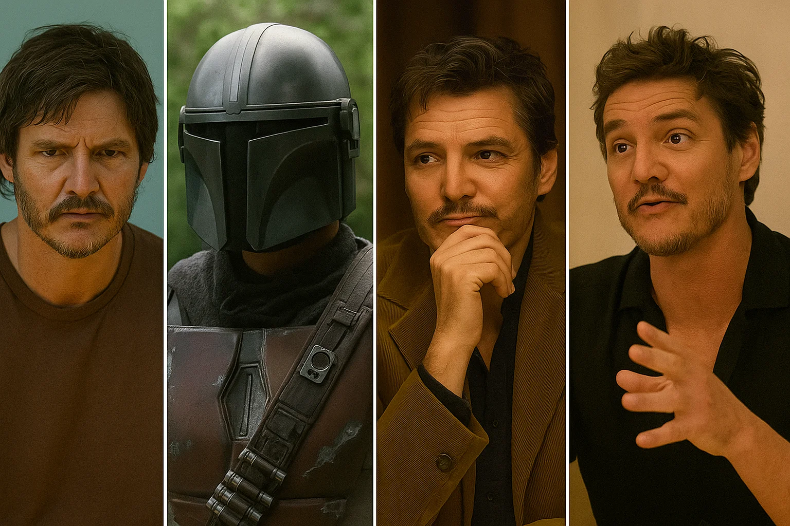 A collage showing a man in four different moments, including a scene in armor, reflecting his diverse acting style and expressive range.