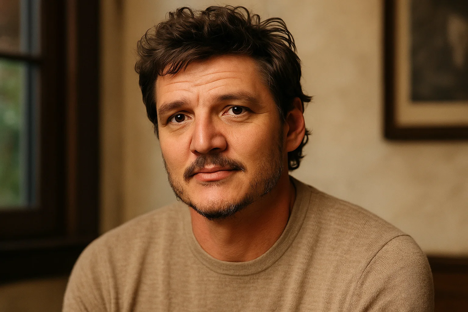 A close-up portrait of a man with short wavy hair, trimmed beard, and a calm expression wearing a beige sweater indoors.