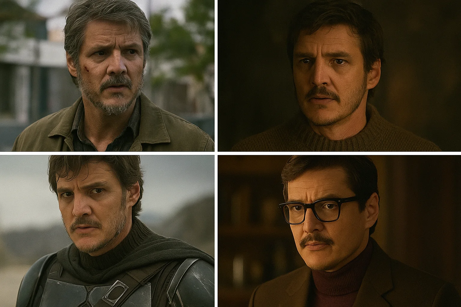 A collage showing a man in four intense and thoughtful roles, illustrating his skill in portraying complex and emotionally layered characters.