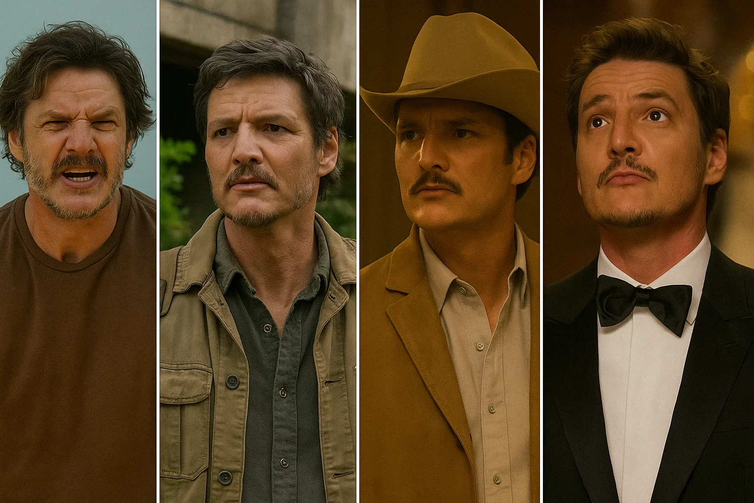 A collage of a man in four different movie and TV roles, showing his emotional range and versatility as an actor.