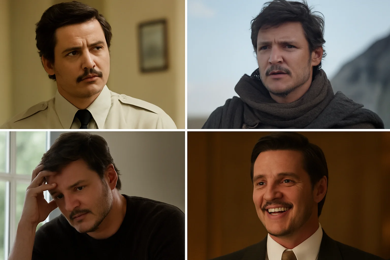 A collage showing a man in four different scenes, portraying various emotions and roles including a suited professional and a hooded traveler.