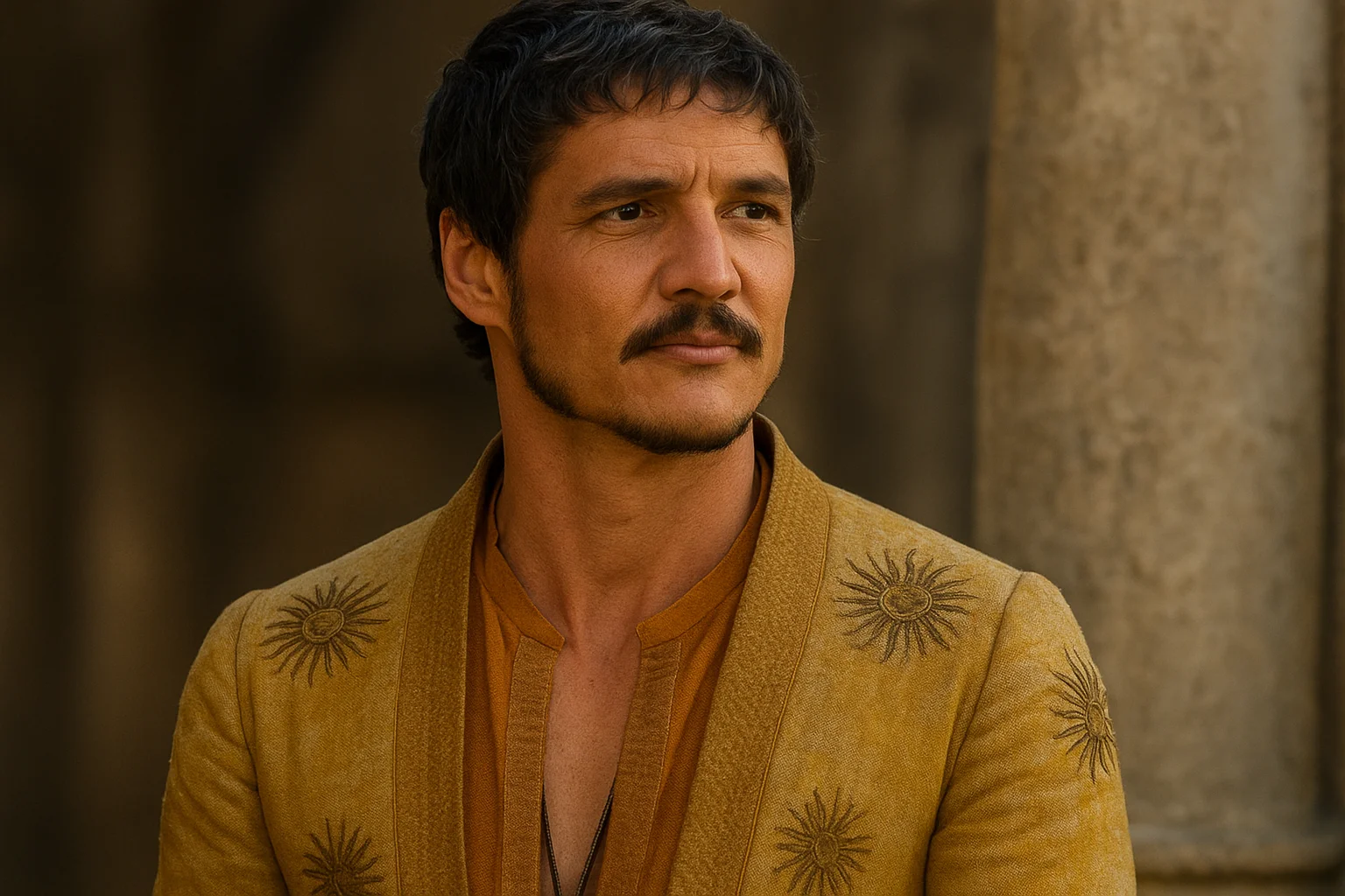 A man in a golden embroidered robe standing confidently outdoors, looking into the distance with a composed expression.