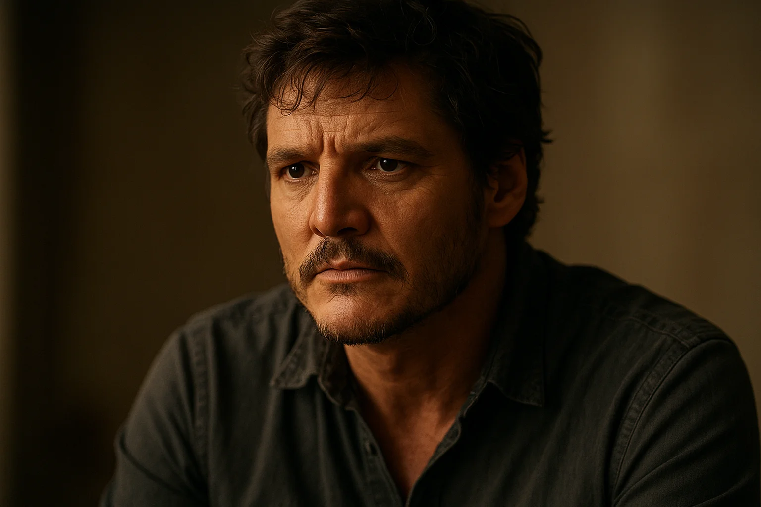 A man in a dark shirt gazing intently with a serious and thoughtful expression under warm lighting.