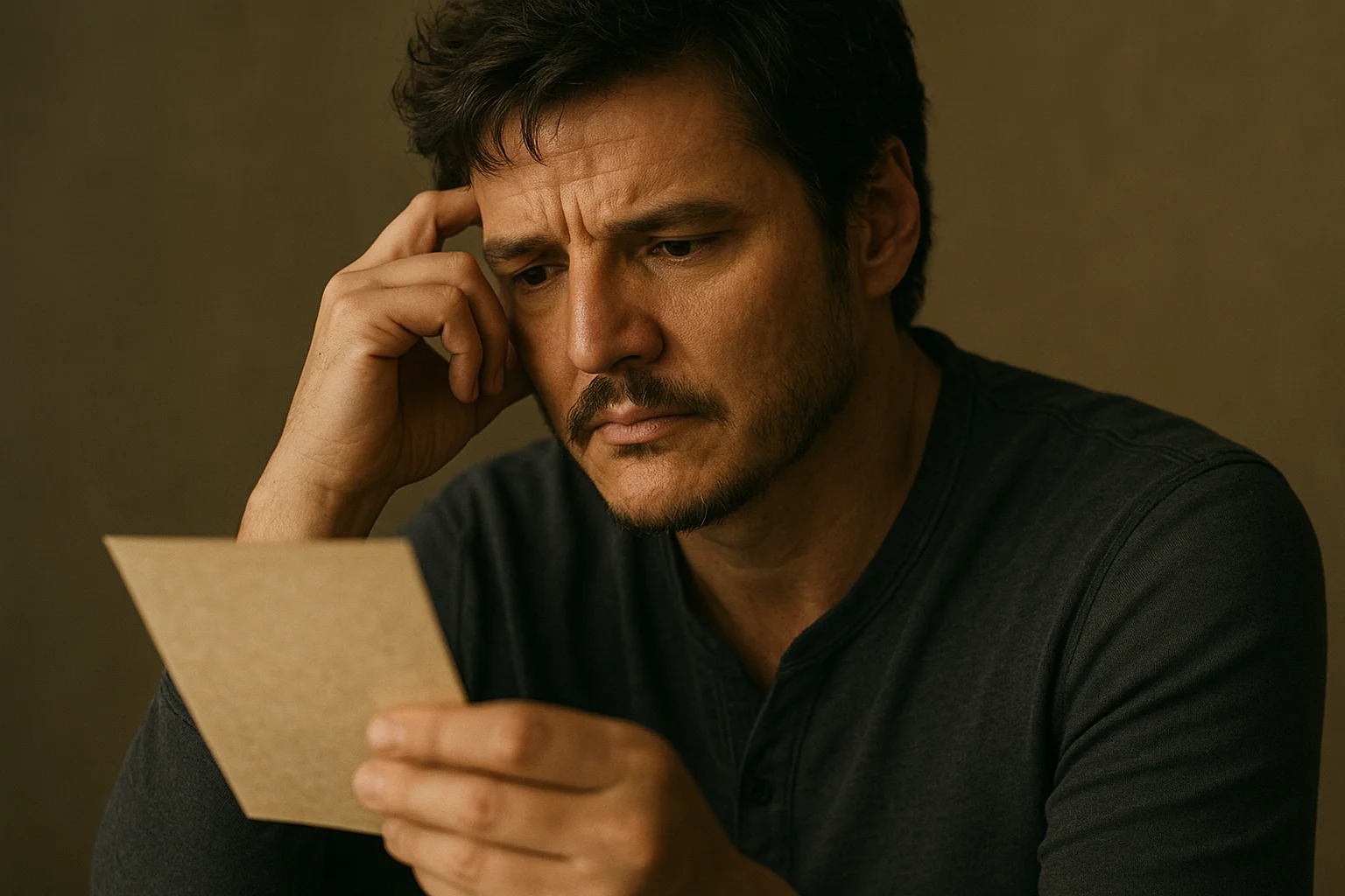 A man in a dark shirt sits thoughtfully, holding and studying a piece of paper with a serious and reflective expression.