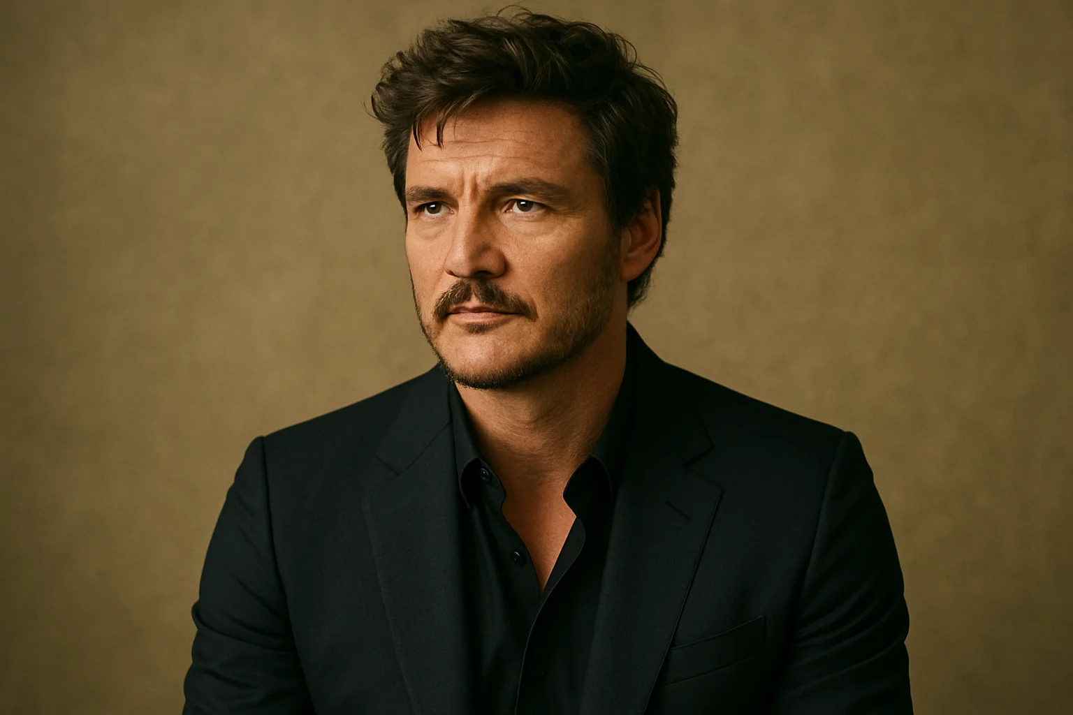 A man in a dark suit gazing thoughtfully to the side against a warm, neutral background.