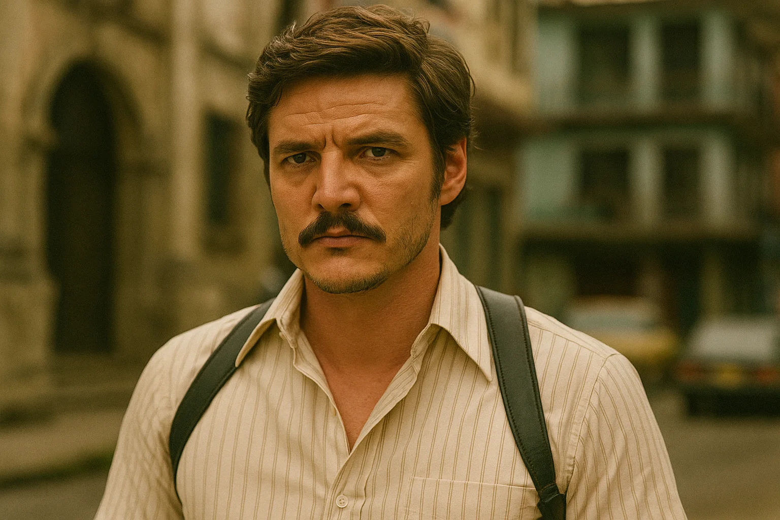 A man with a mustache wearing a striped shirt and backpack, standing on a street with a serious expression.