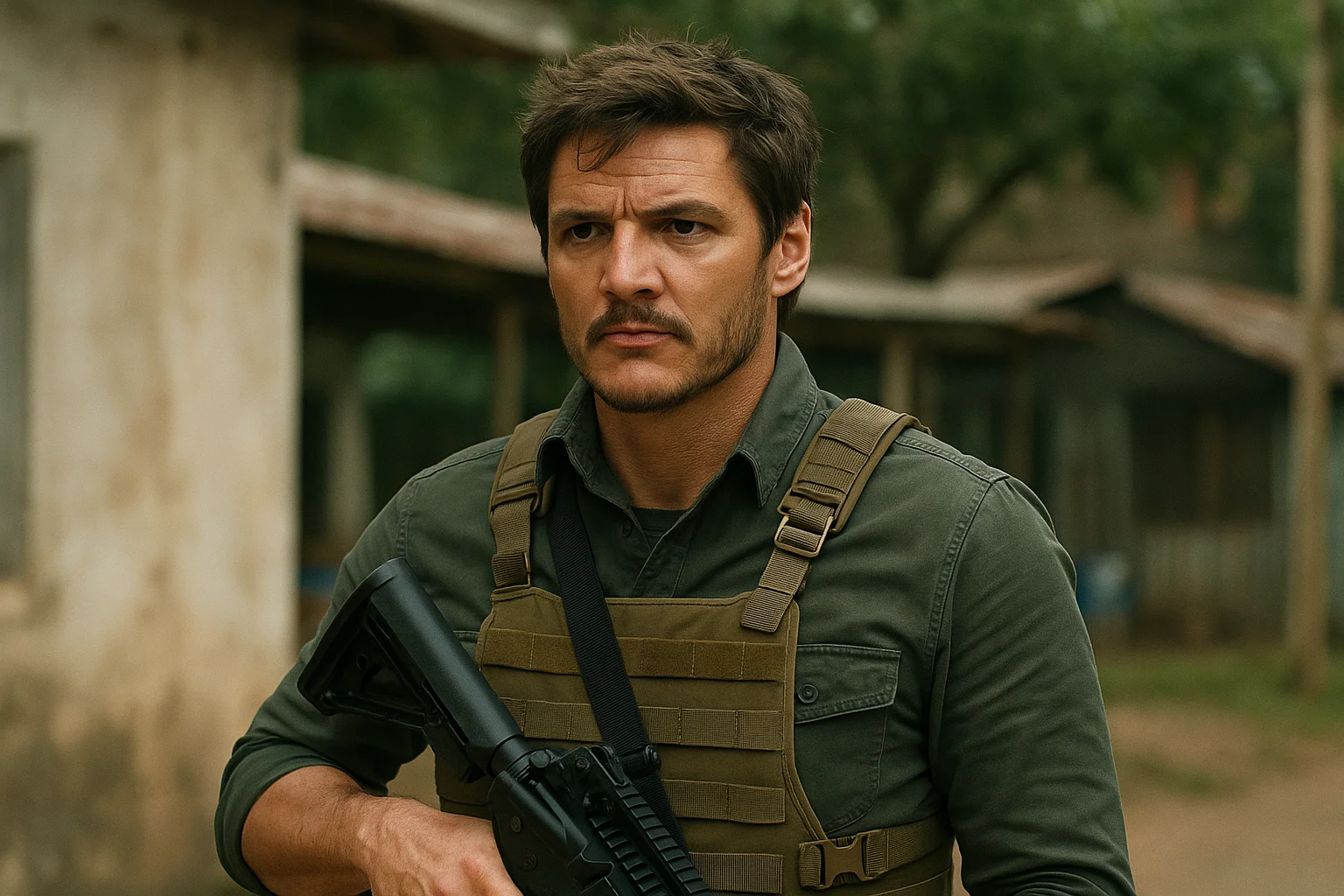 A man in tactical gear holding a rifle, standing outdoors with a focused expression, portraying a determined soldier-like character.