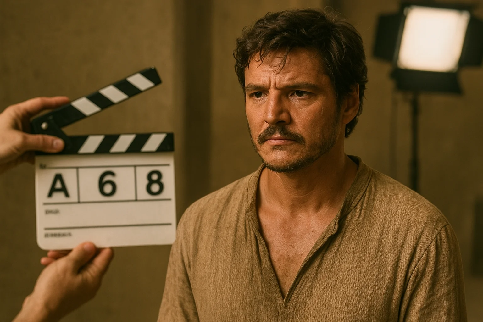 A man in a beige shirt standing on a film set during a scene take, with a clapperboard in front of him and studio lights in the background.
