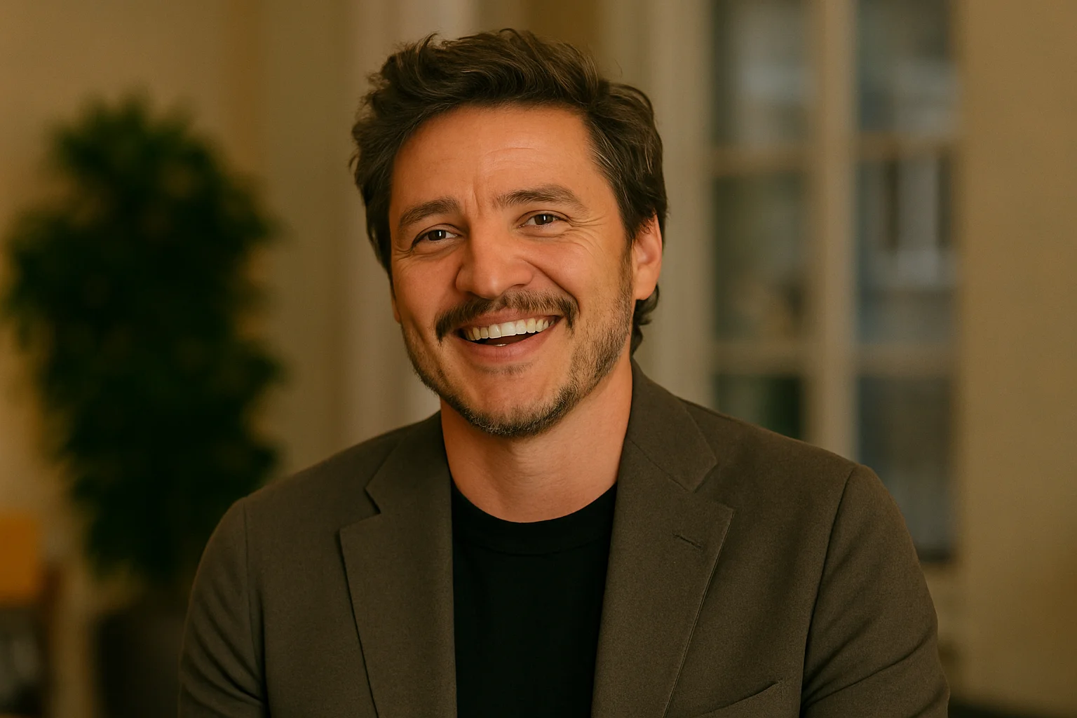 A smiling man with short wavy hair and a trimmed beard wearing a brown blazer and black shirt, seated indoors with a warm background.
