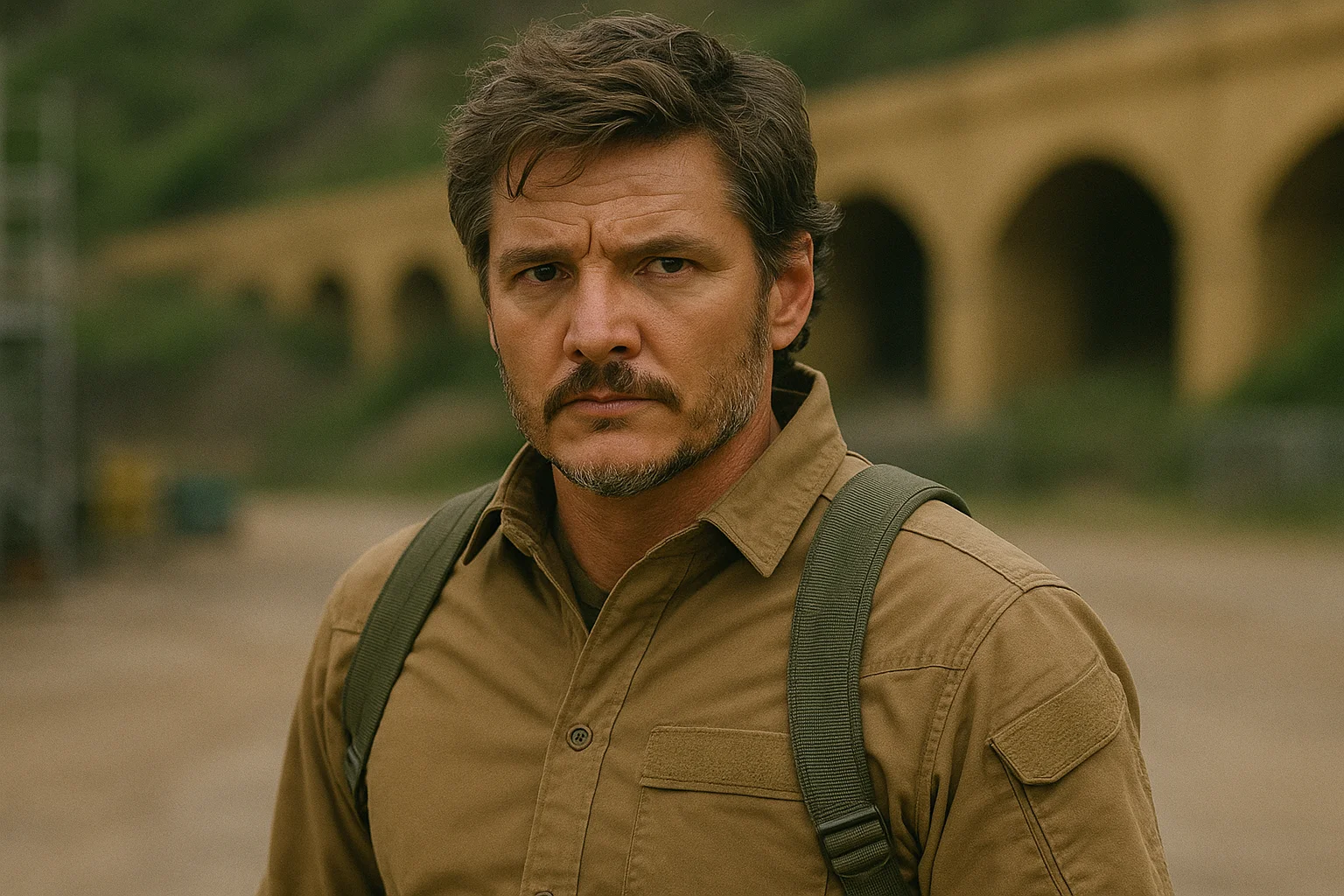 A man in a tan tactical shirt with a backpack strap, standing outdoors with a focused and determined expression.
