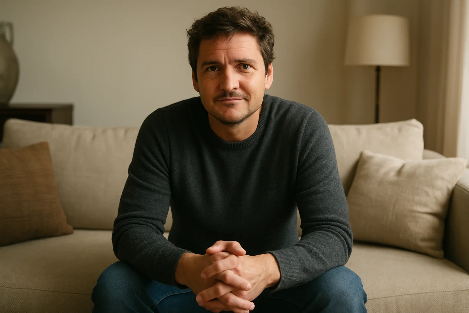 A man sitting on a beige sofa in a softly lit room, wearing a dark sweater and smiling calmly at the camera.