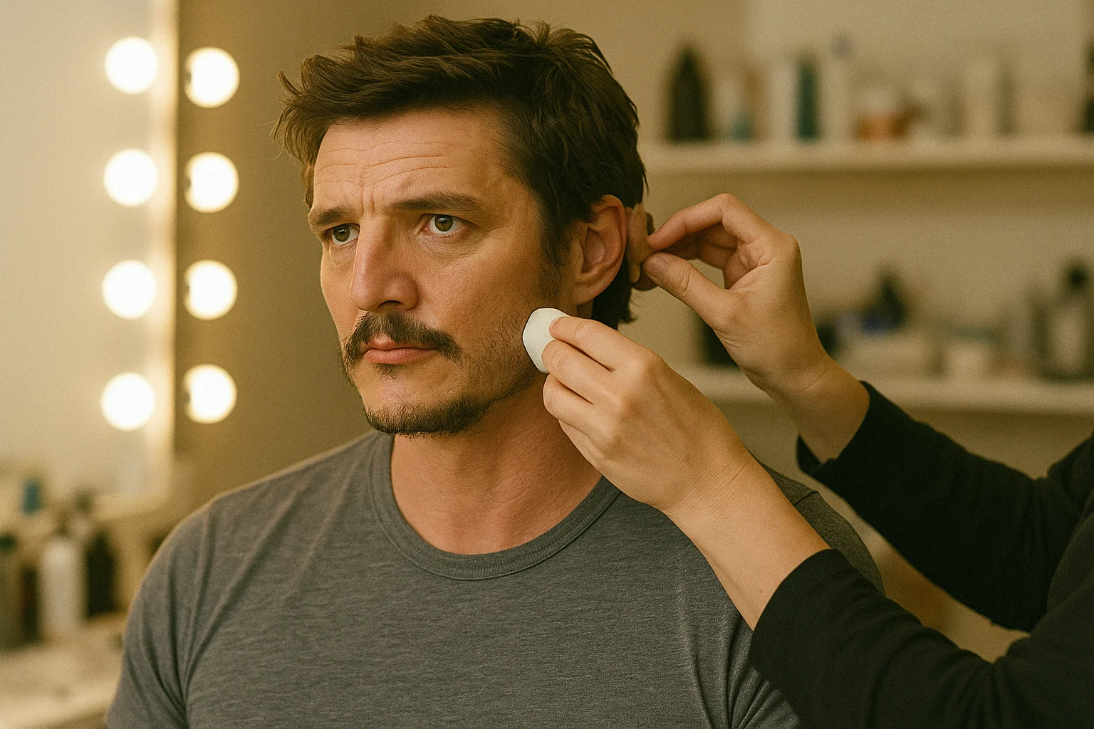 A man sitting in a makeup room getting final touch-ups from an artist before a performance.