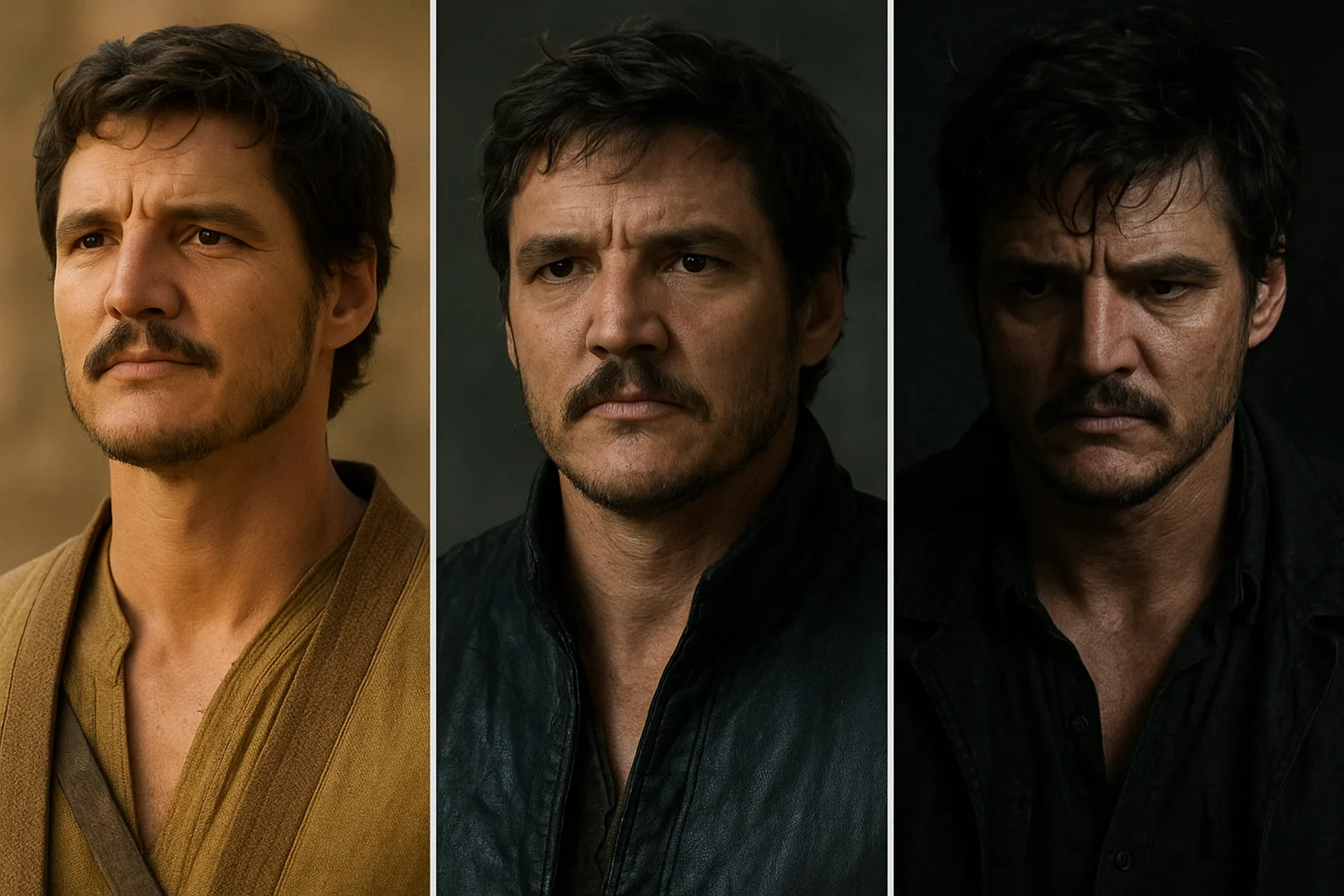A man shown in three portraits, each with a different expression and lighting, reflecting a shift from calm determination to emotional darkness.
