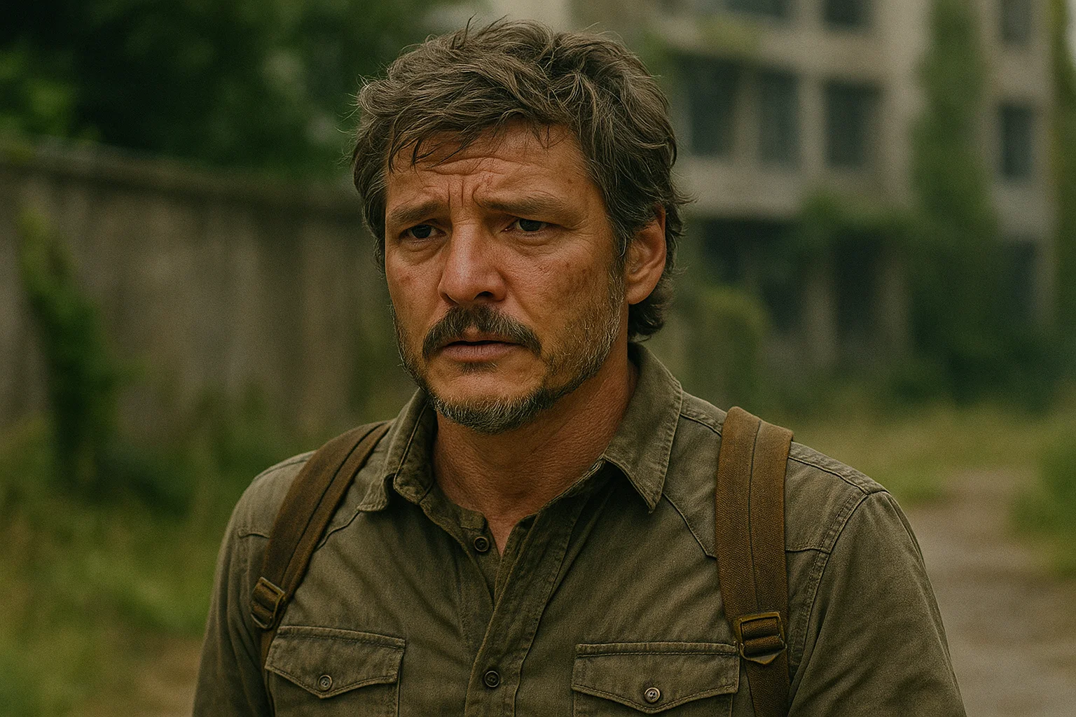 A man wearing a brown shirt and backpack walking through an overgrown, abandoned urban area with a serious, emotional expression.