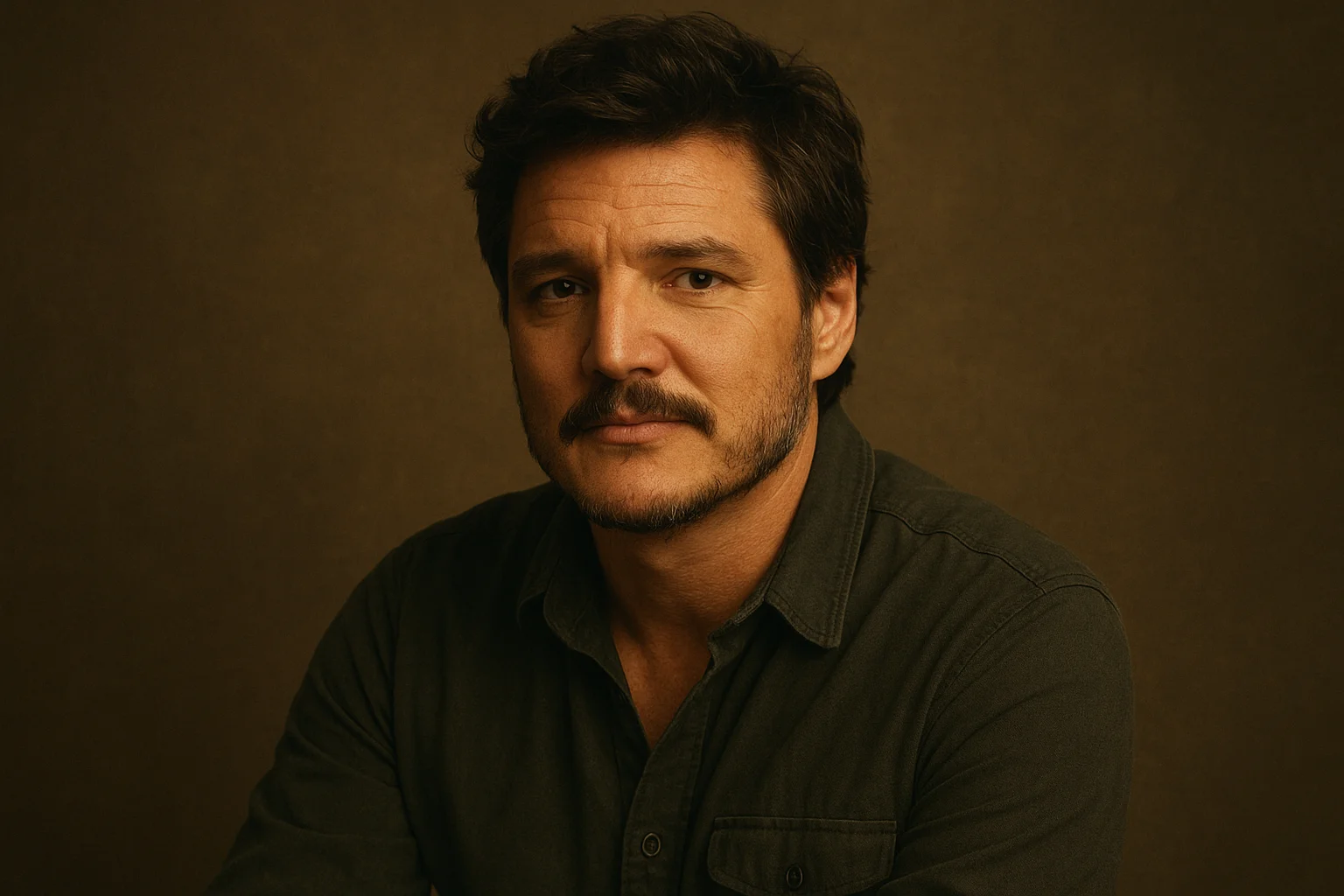 A man with short wavy hair and a trimmed beard wearing a dark shirt, sitting against a warm brown background with a calm, confident expression.