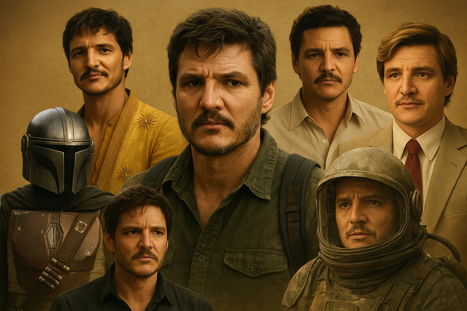 A collage showing a man in multiple famous roles, including a space traveler, masked warrior, detective, and nobleman, highlighting his diverse acting career.