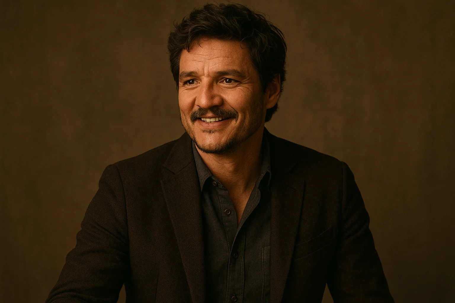 A smiling man in a dark suit and shirt sitting against a warm brown background, exuding confidence and charm.