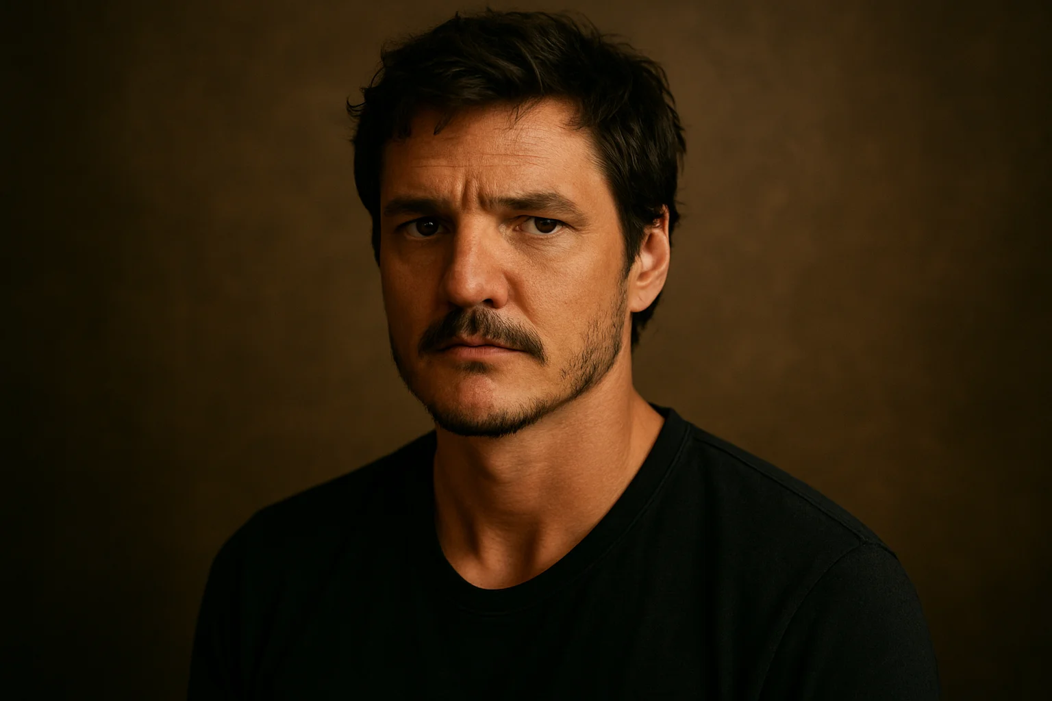 A man in a dark shirt looking directly at the camera with a serious, introspective expression against a brown studio background.