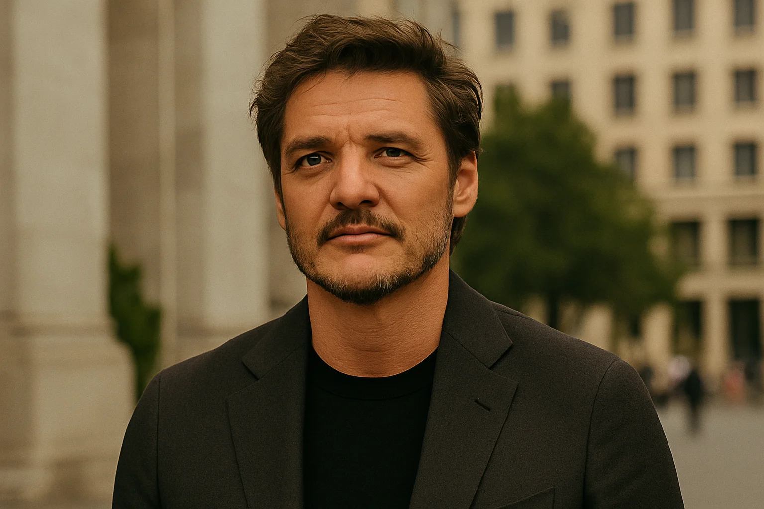 A man wearing a dark blazer and black shirt standing outdoors with a calm, confident expression in an urban setting.