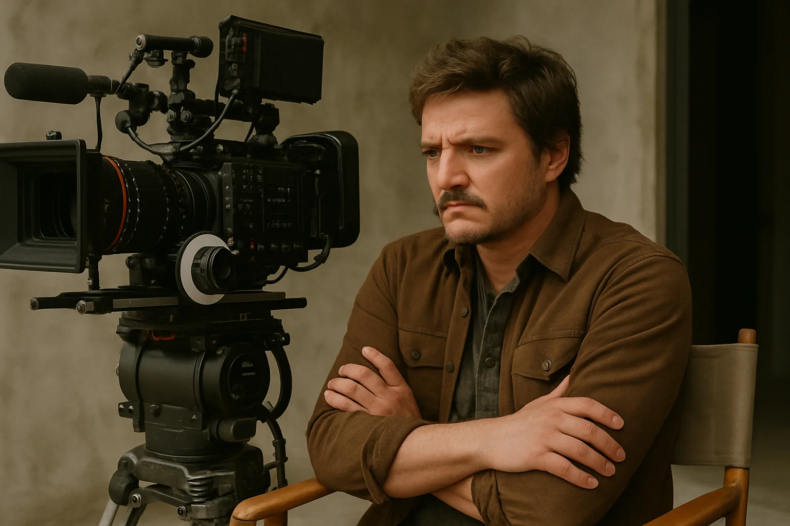 A man in a brown shirt sits with folded arms beside a professional film camera, appearing focused and thoughtful on set.