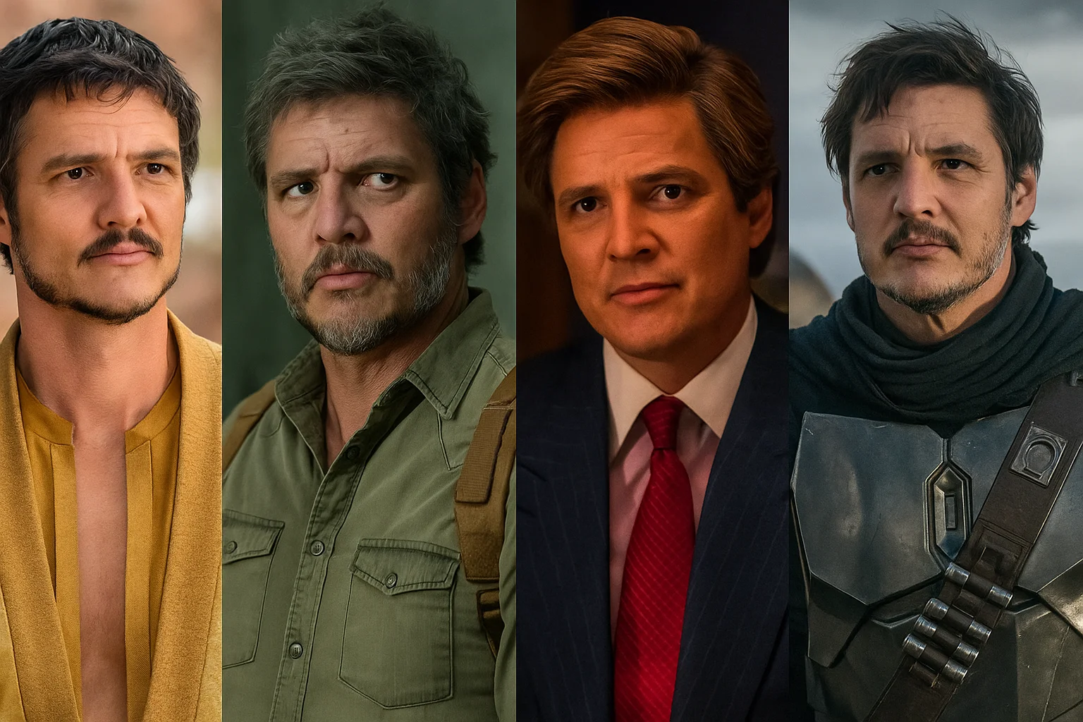 A collage showing a man in four distinct roles from fantasy warrior to modern adventurer and suited professional highlighting his range as an actor.