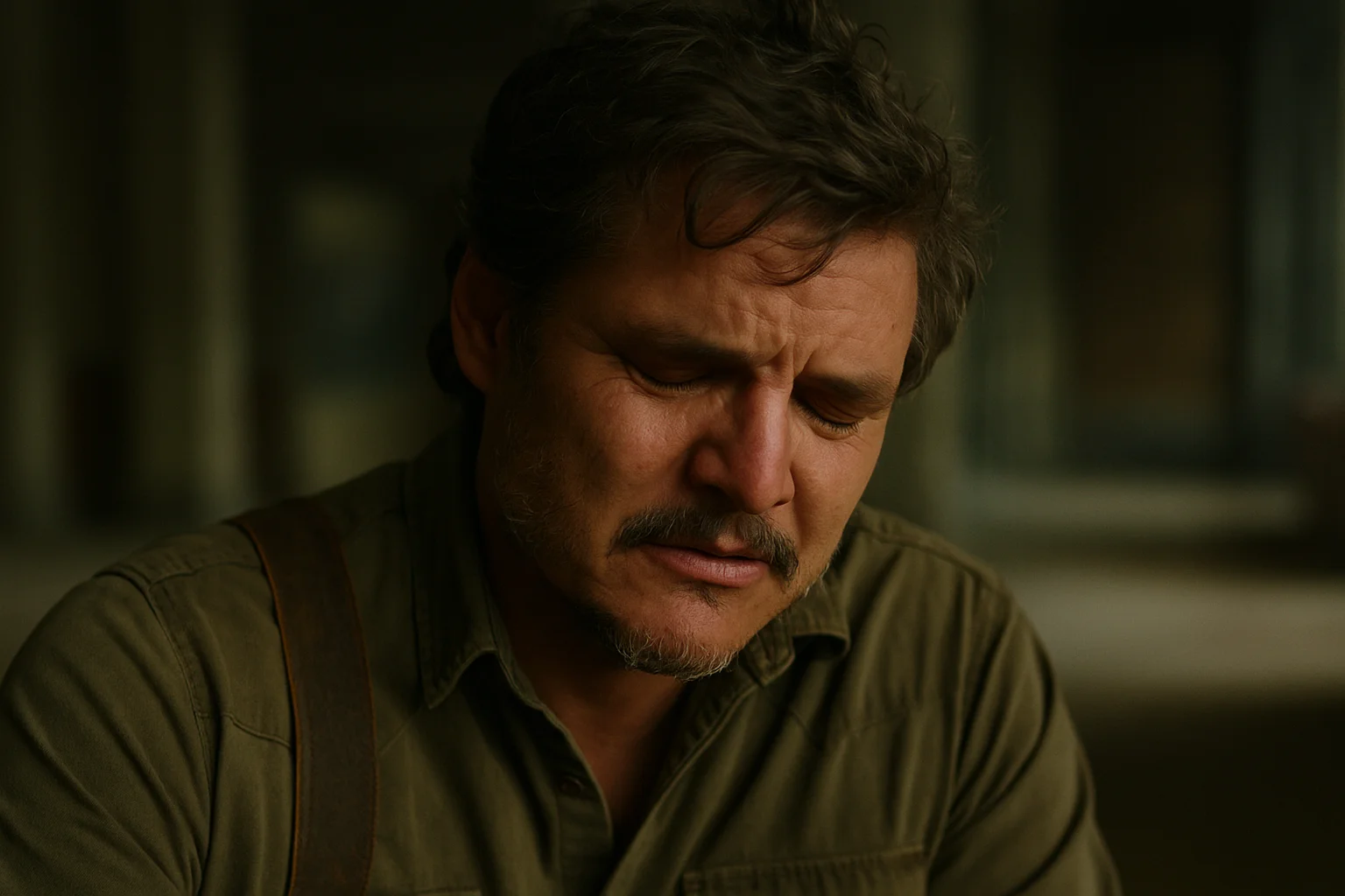 A man in deep emotion, eyes closed, wearing a green shirt in a dimly lit setting.