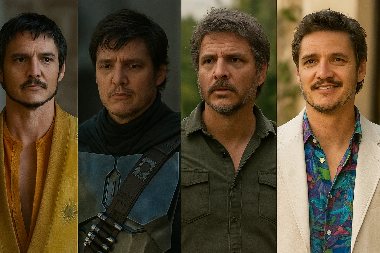 A collage featuring a man in four different roles from a fantasy warrior to a sci-fi hero and modern-day adventurer showcasing his acting versatility.