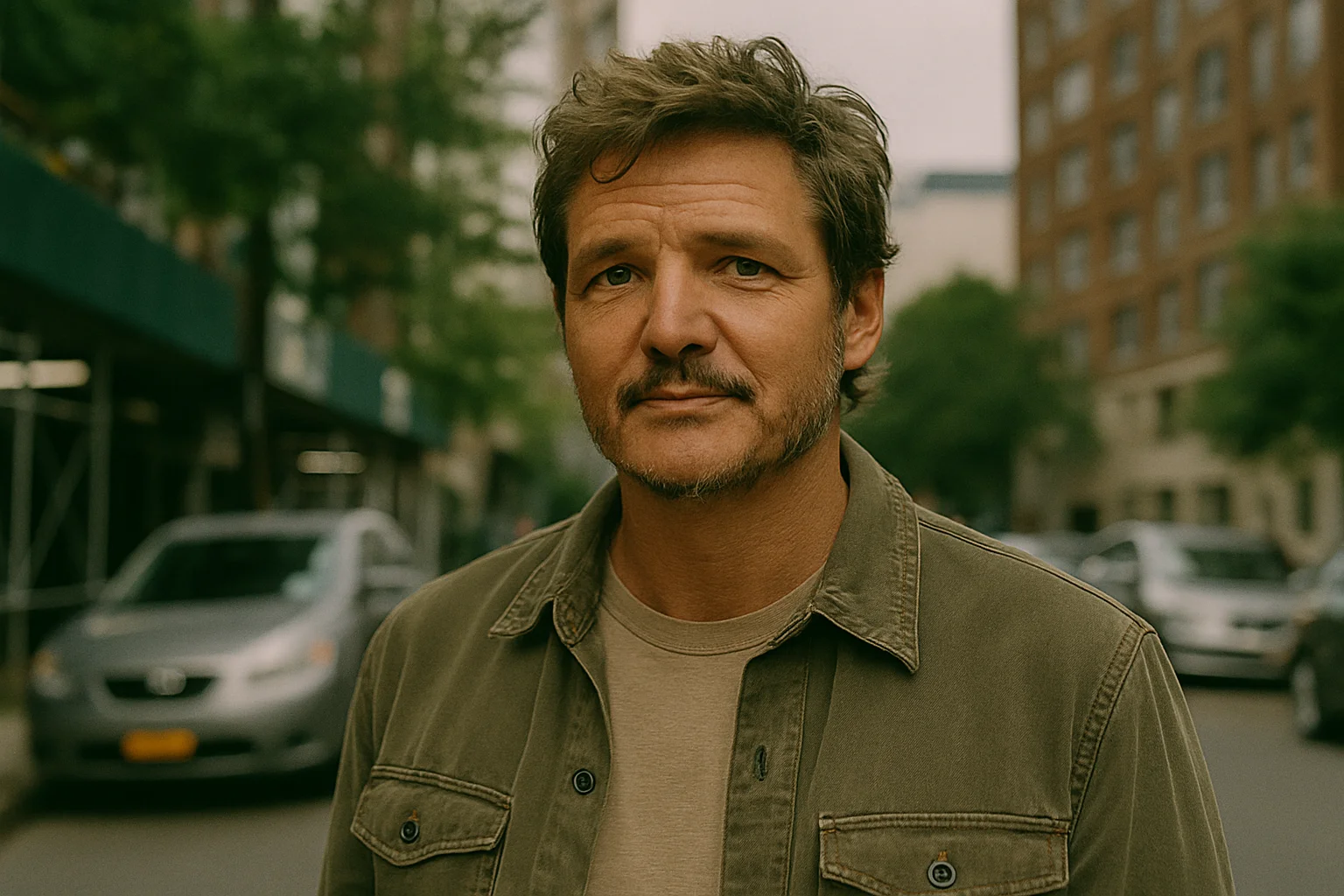 Portrait of a man standing on a city street, looking calmly into the camera with soft natural light.