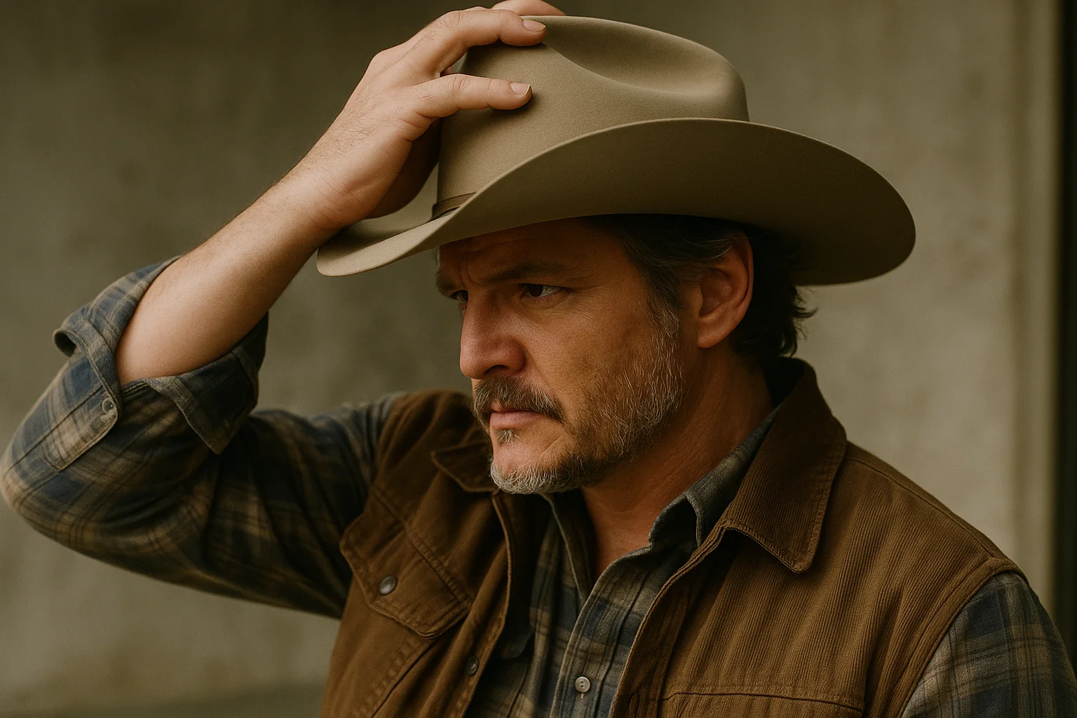 A man in a cowboy hat and plaid shirt looks serious as he adjusts his hat, standing in front of a neutral background.