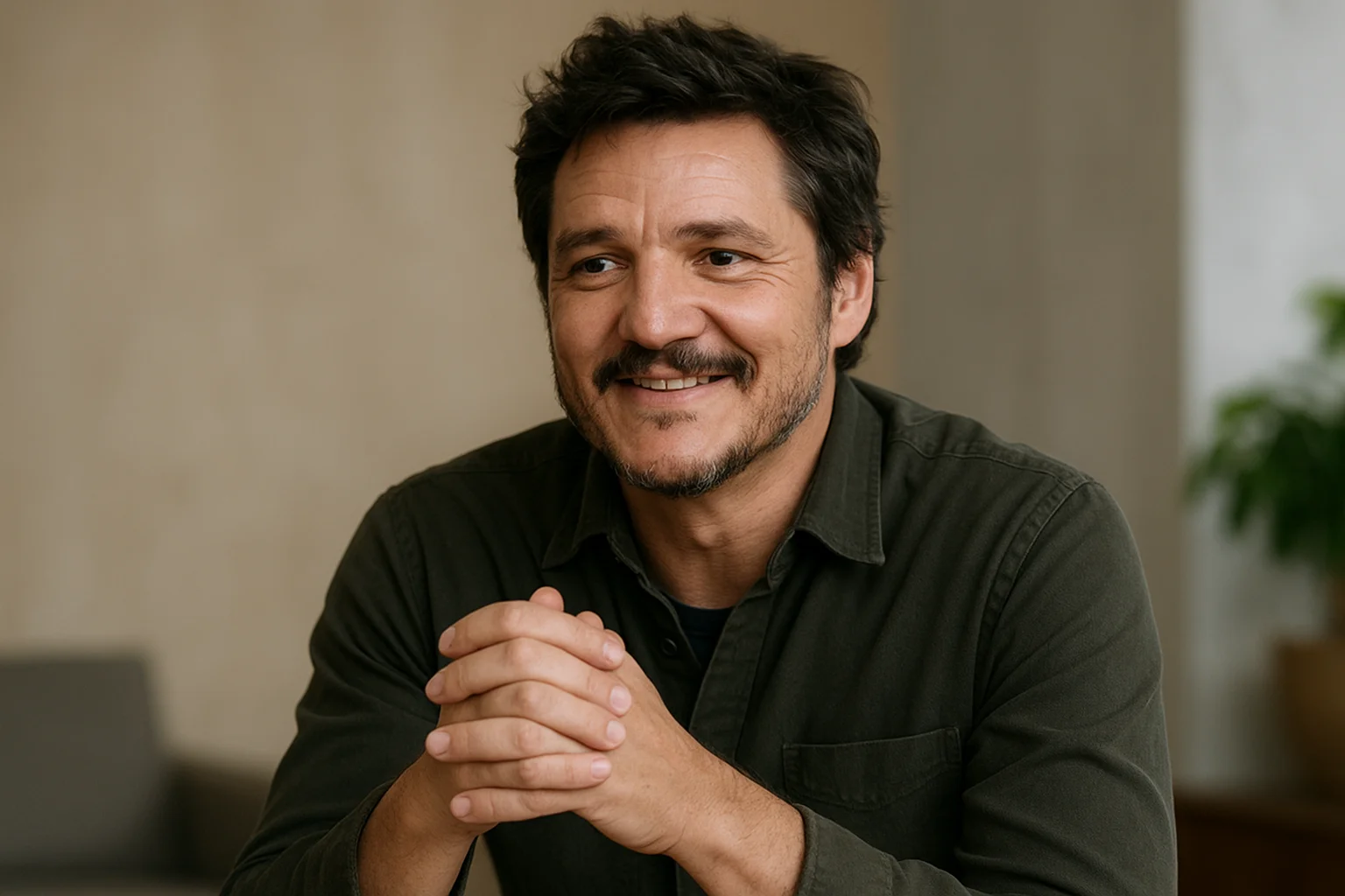 Pedro Pascal in a thoughtful moment, symbolizing humility and groundedness despite fame