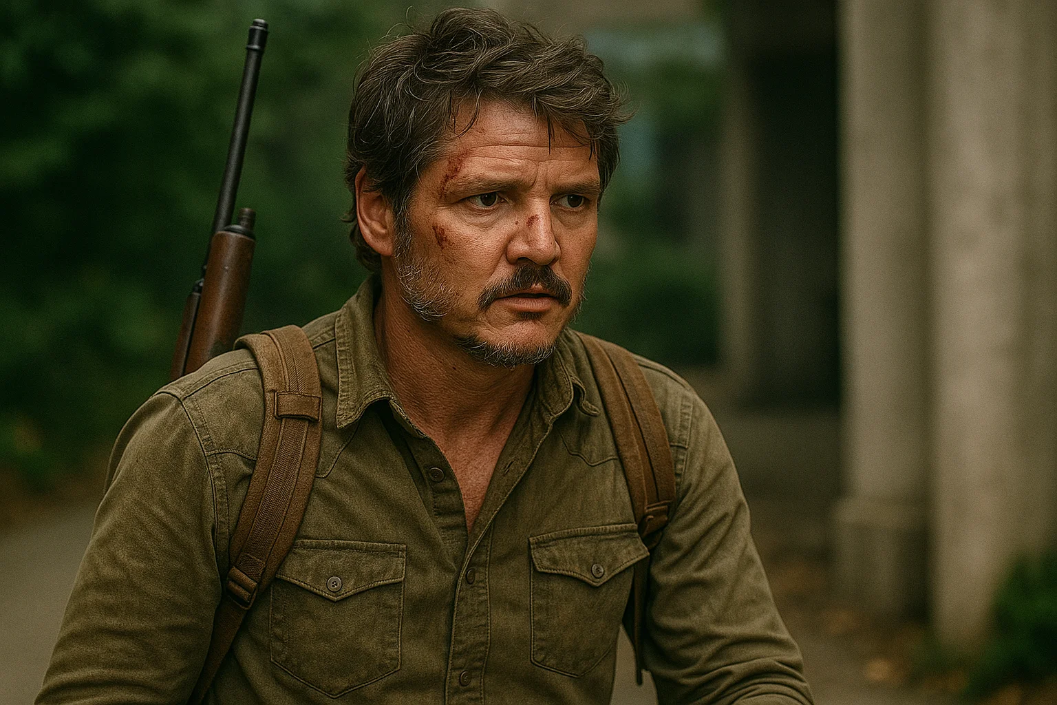 Pedro Pascal in a rugged look, carrying a rifle and backpack, portraying emotional depth and resilience in a dramatic scene