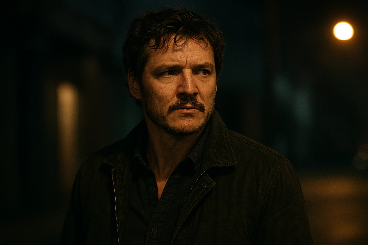 A man stands under dim streetlights at night, looking serious and contemplative in a tense urban setting.