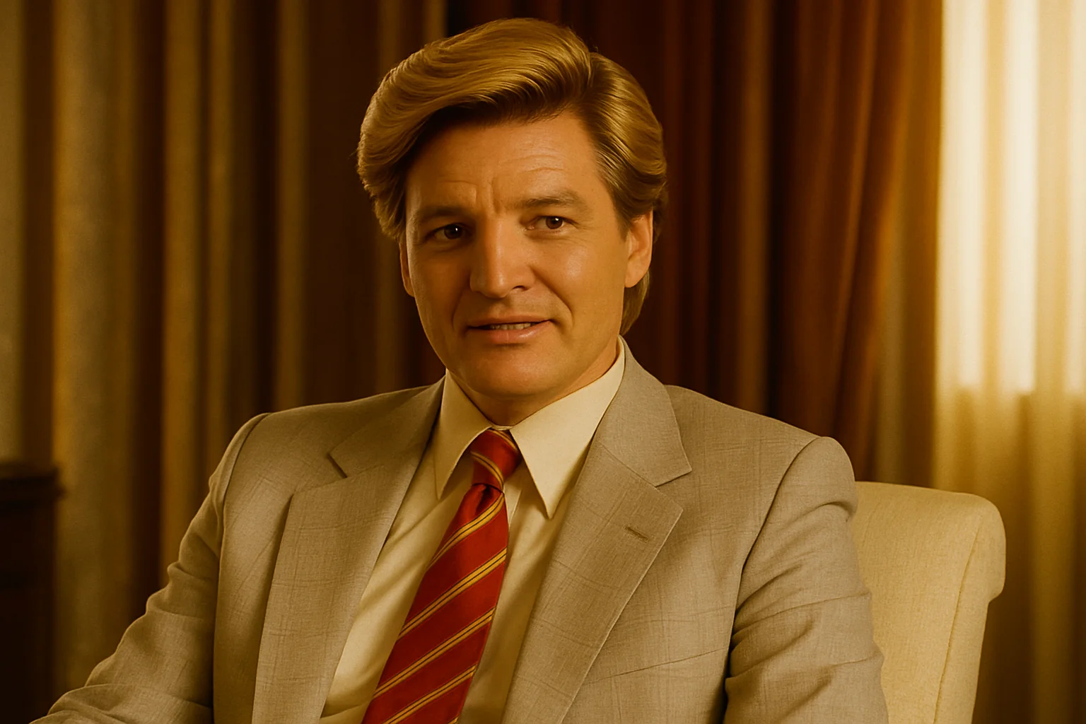 A man in a beige suit and red tie sitting confidently indoors, symbolizing charisma and authority.