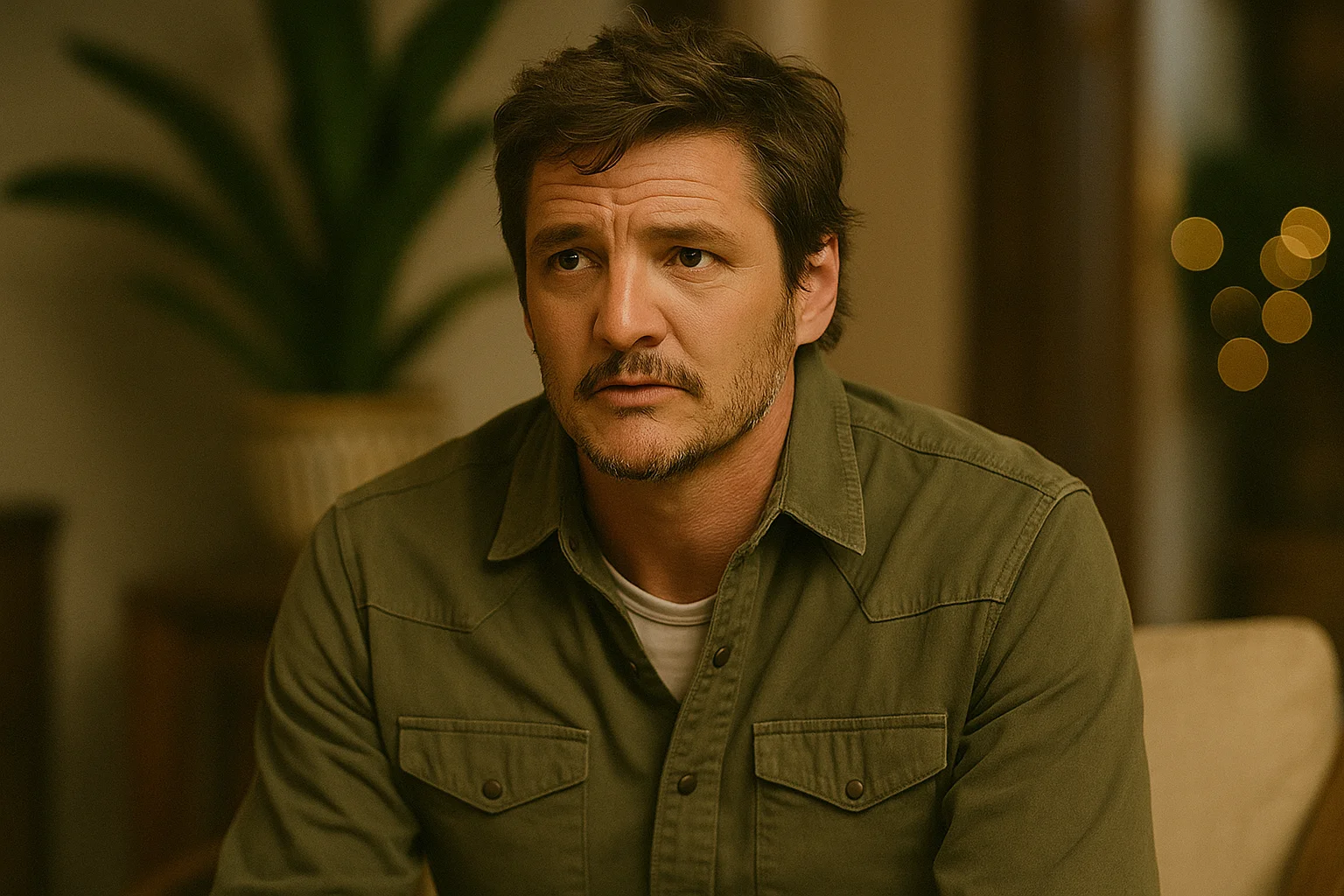 Pedro Pascal sitting thoughtfully in a warmly lit room, symbolizing his collaborative and reflective approach to acting.
