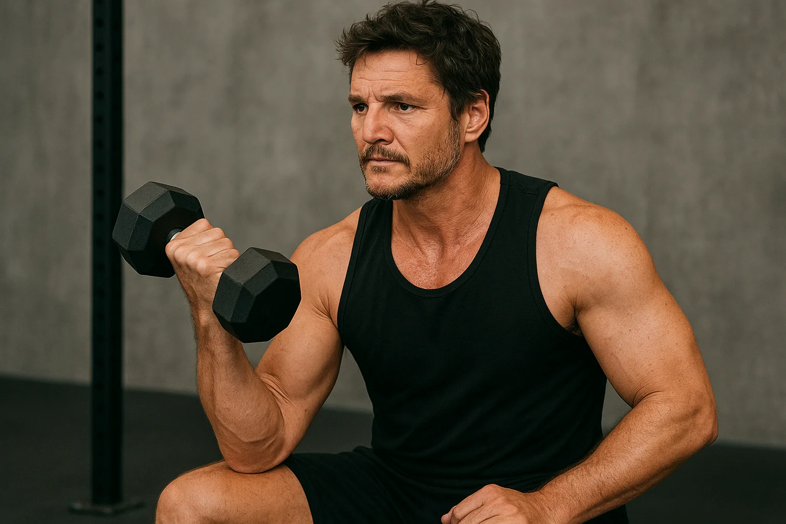 Pedro Pascal training with weights and performing action exercises