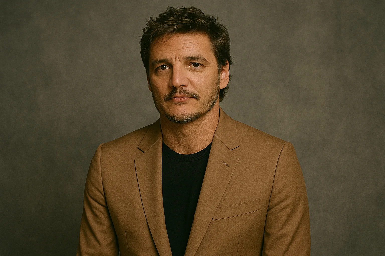 Portrait of Pedro Pascal standing confidently on a city street, representing modern masculinity with warmth and authenticity.