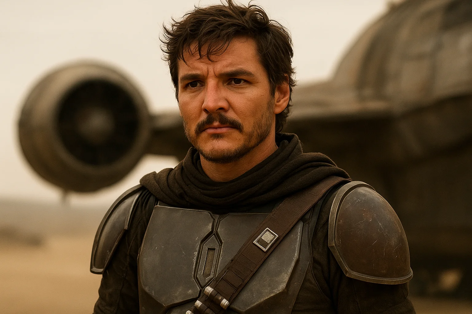 A man in futuristic armor stands on a desert planet, looking determined with a spaceship in the background.